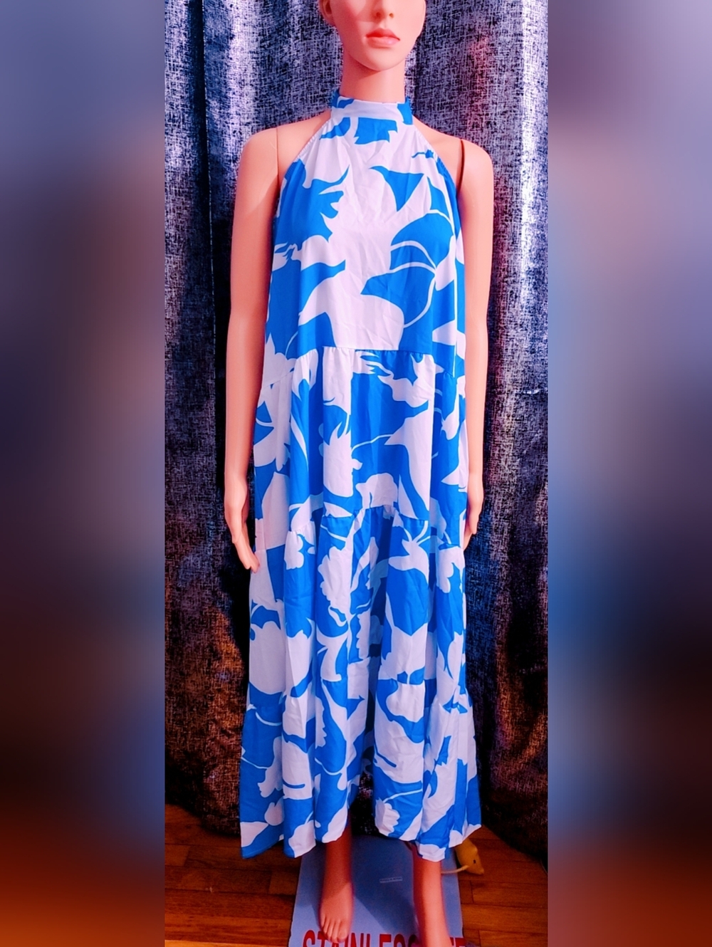 Halter Maxi Dress in Blue & White Floral